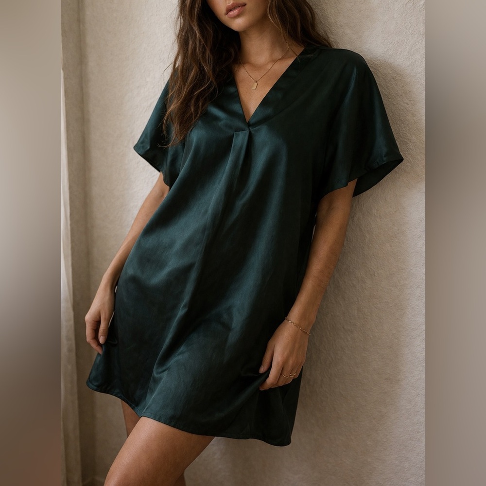 Caryn Lawn Dark Green Satin Shift Dress One Size Minimalist NWT